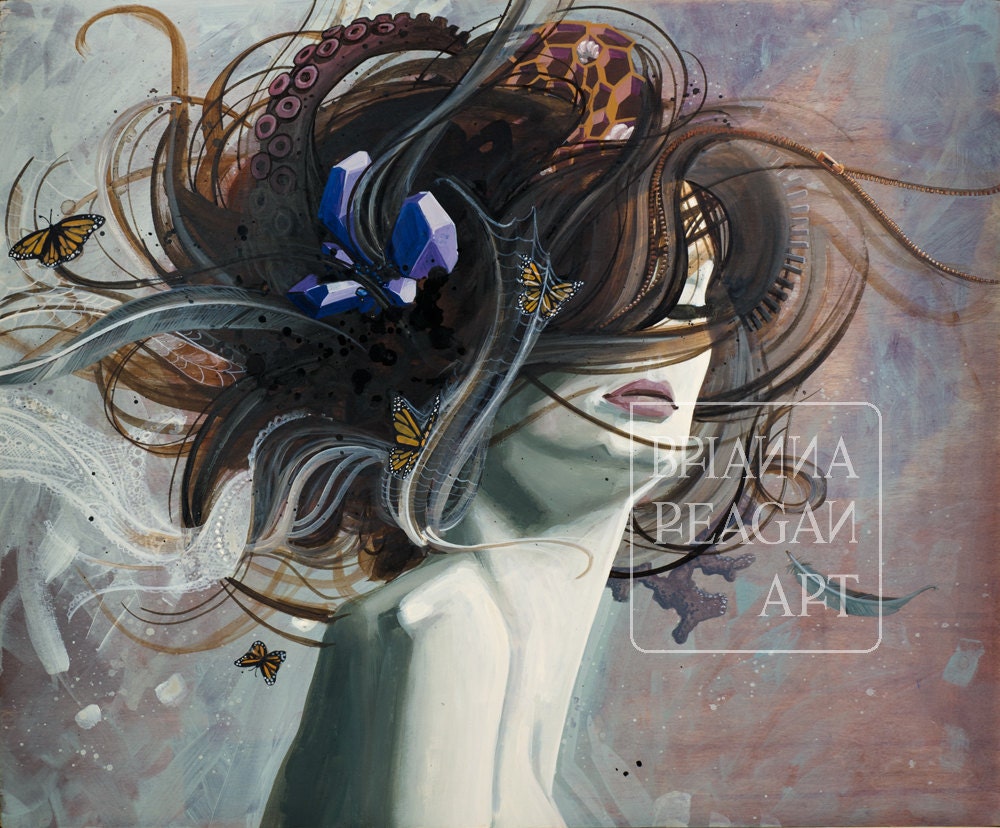 Art print, gather your thoughts, a girl with windy hair