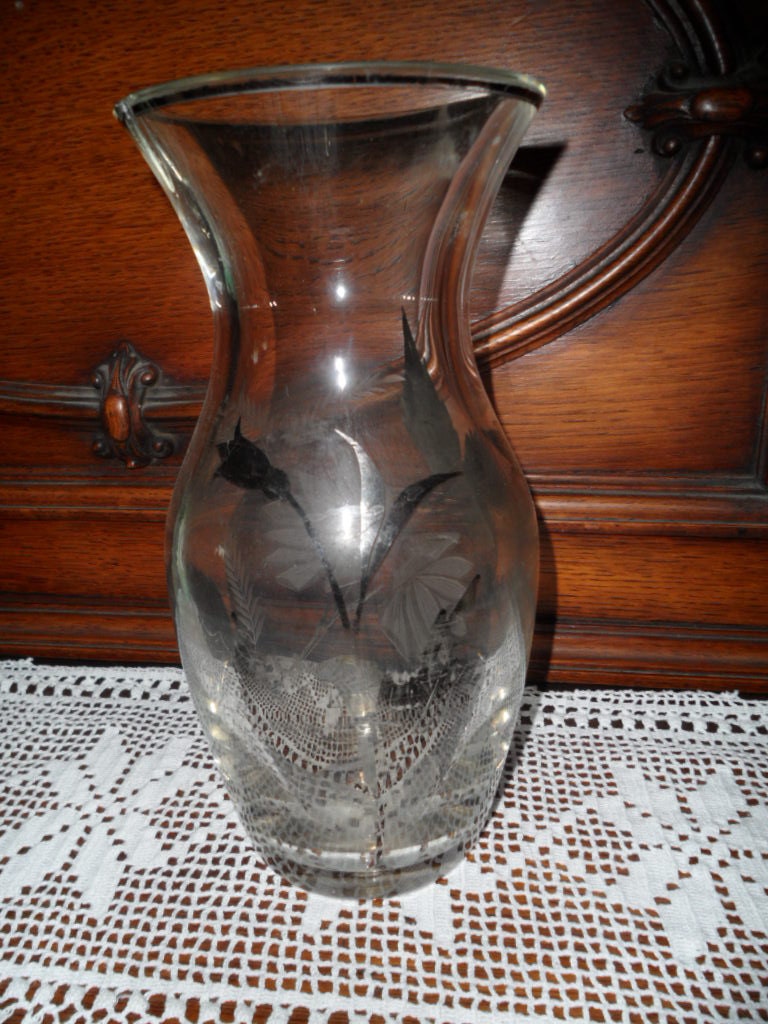 Vintage etched glass and silver vase