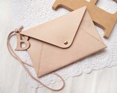 Personalized Envelope Clutch with Initial Letters - Leather - Nude - Hand Stitched - Front Page of Etsy