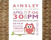 Custom Personalized Birth Announcement Print 8x10 Wall Art - Baby Owl - original design by a drop of golden sun