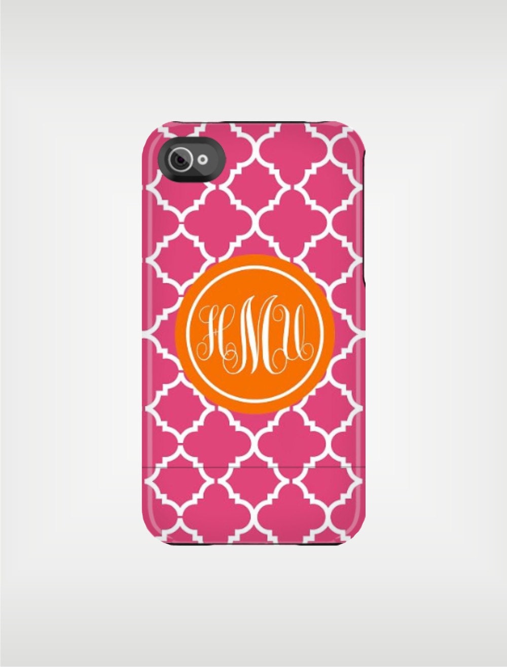 Monogrammed Graduation Gift iPhone 5 Case 4 / 4S or 3G or Samsung - Bright Pink and Orange Quatrefoil