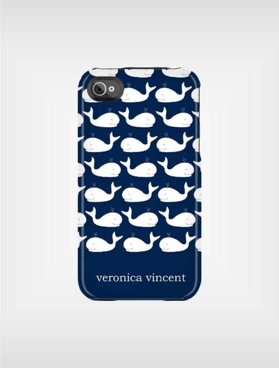 Personalized iPhone 5 Case 4 / 4S or 3G or Samsung - Navy and White Nautical Whales - original design by a drop of golden sun