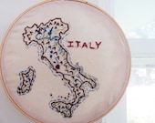 Italy Embroidery Hoop Wall Art. 7 inches. Europe. Map of Italy.  Red, Blue, Brown, Green. Gift for Parents of the Bride or Groom.