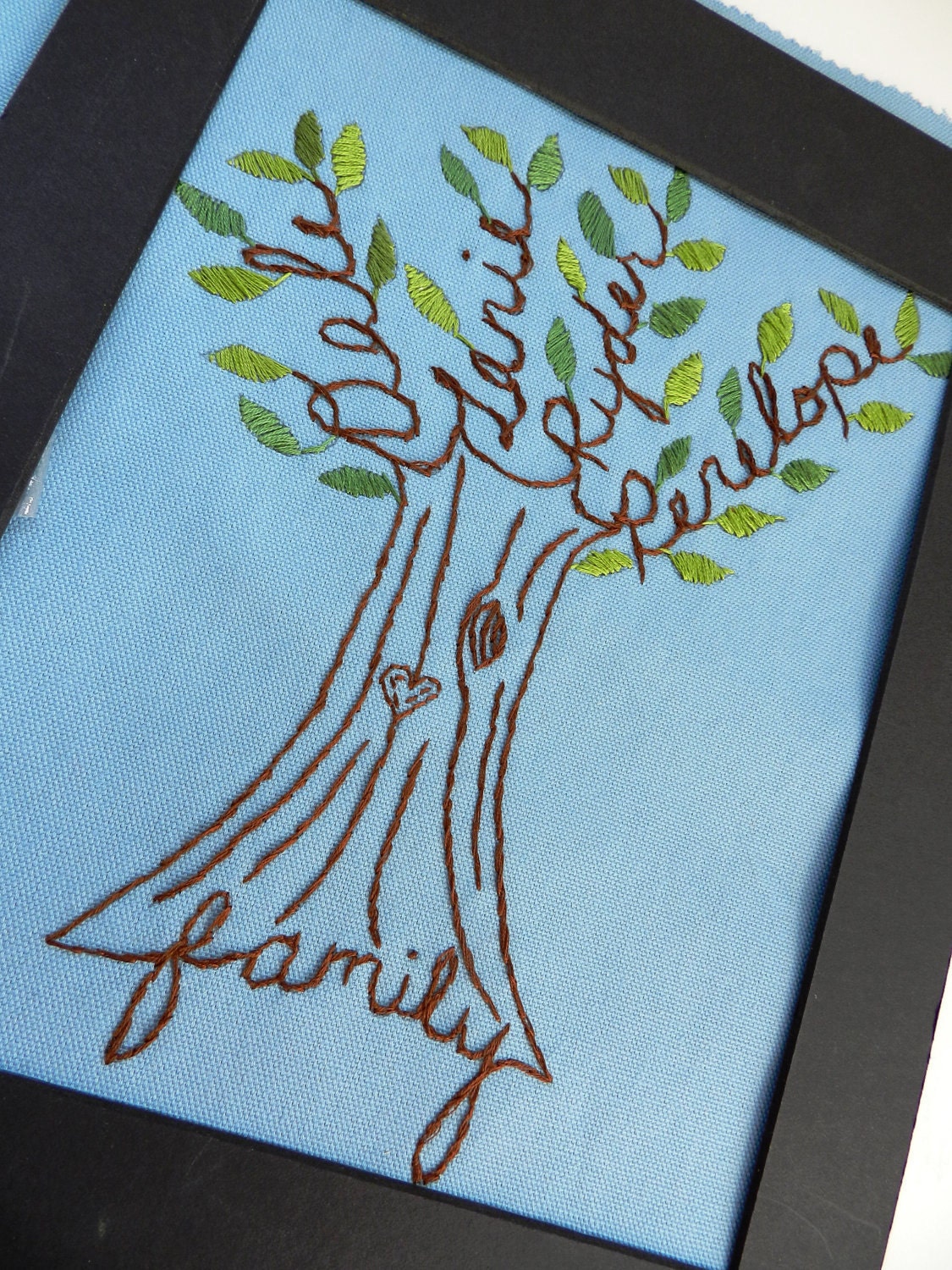 Personalized Family Tree Embroidered Wall Art.  Unique Birthday Gift.  Blue or White.  9X11.