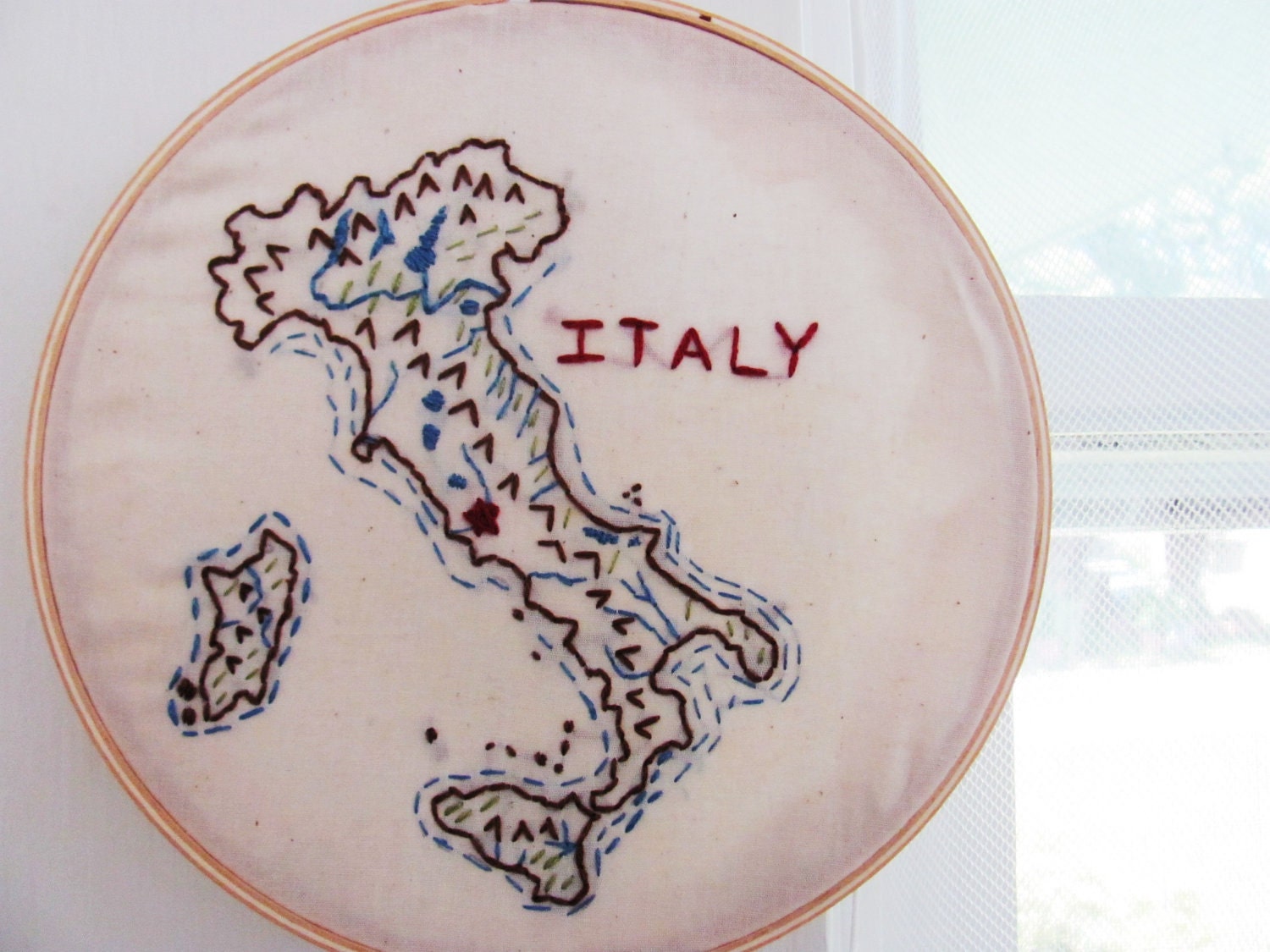 Italy Embroidery Hoop Wall Art. 7 inches. Europe. Map of Italy. Red, Blue, Brown, Green. Gift for Parents of the Bride or Groom.