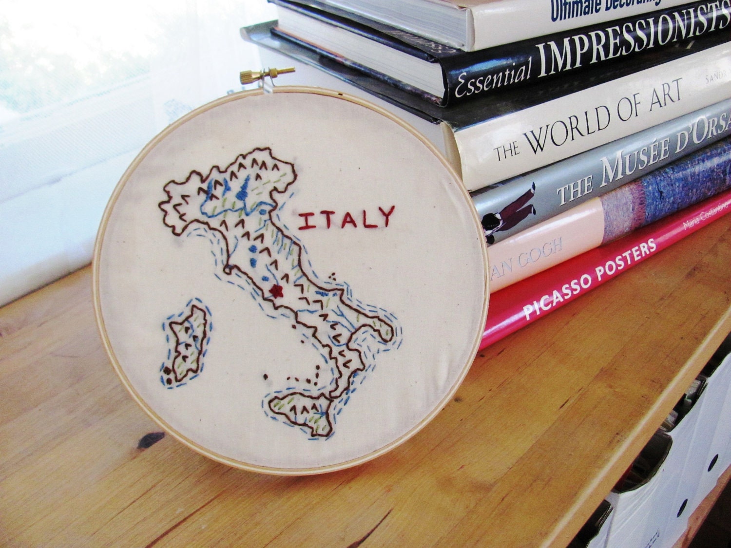 Italy Embroidery Hoop Wall Art. 7 inches. Europe. Map of Italy. Red, Blue, Brown, Green. Gift for Parents of the Bride or Groom.