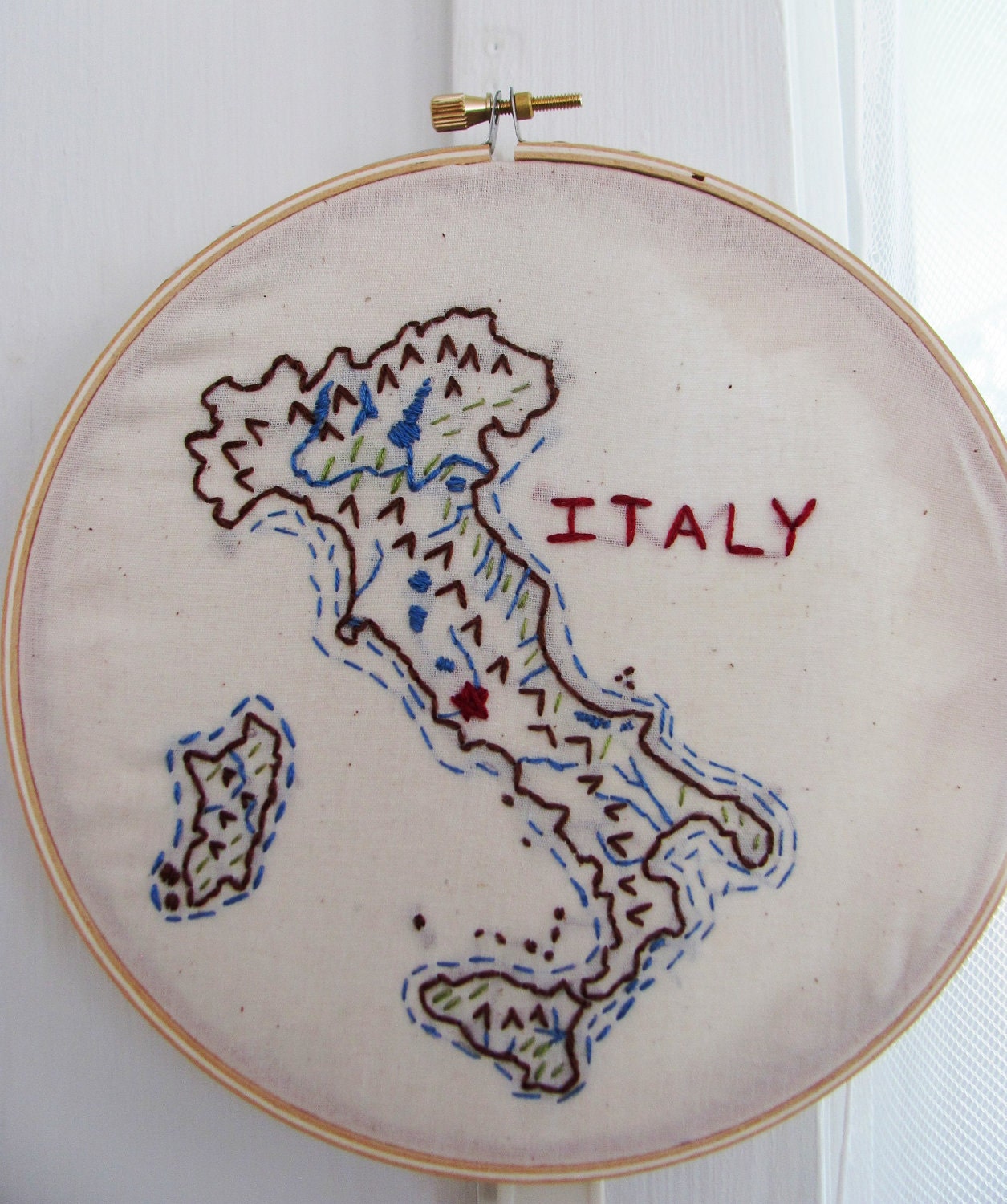 Italy Embroidery Hoop Wall Art. 7 inches. Europe. Map of Italy. Red, Blue, Brown, Green. Gift for Parents of the Bride or Groom.