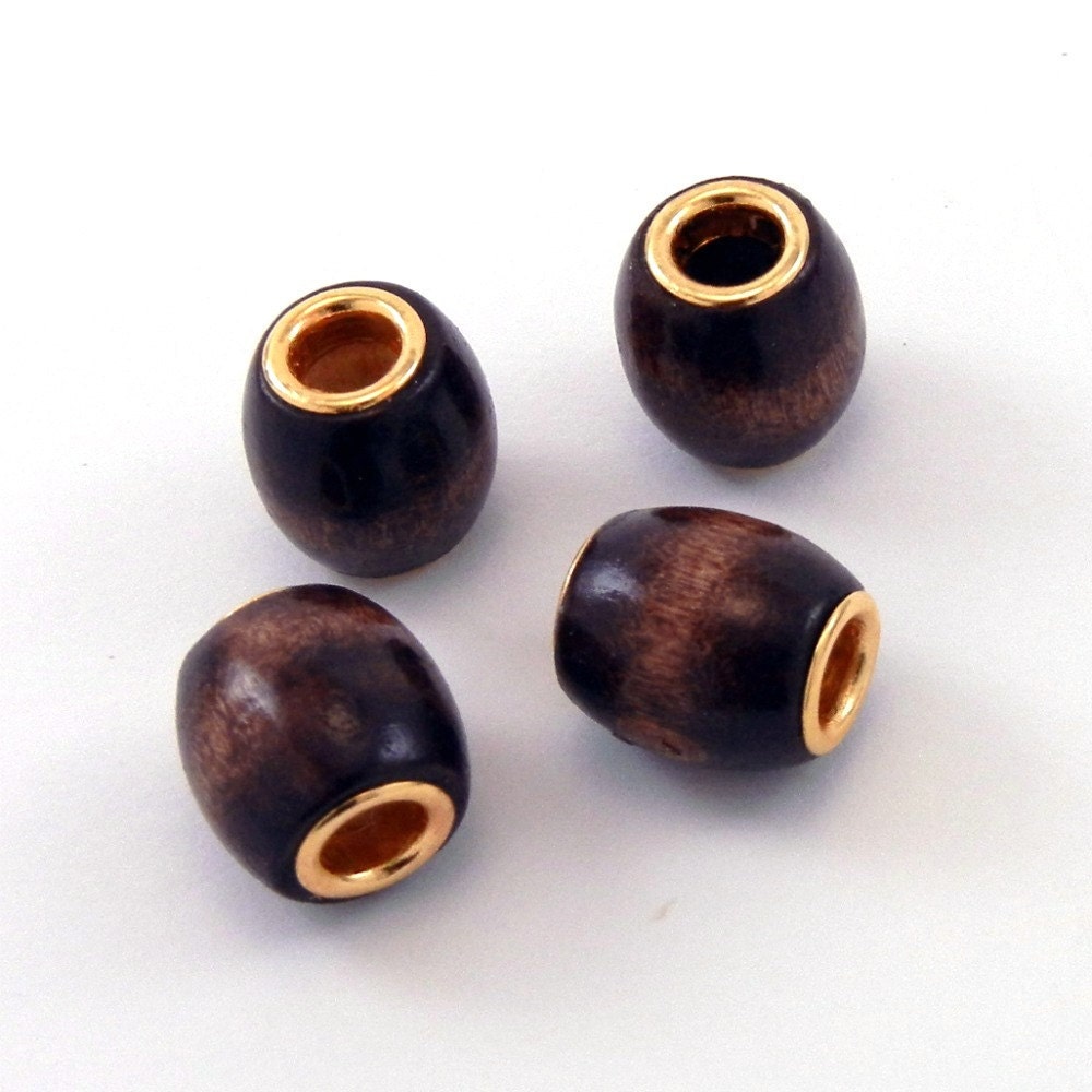 Wood barrel beads - big hole beads with brass eyelets - 4 pieces