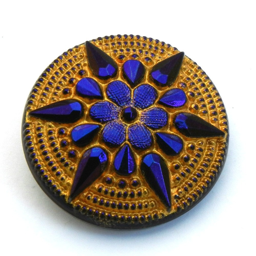 Czech Pressed Glass Button - cobalt blue and gold flower starflower BK342
