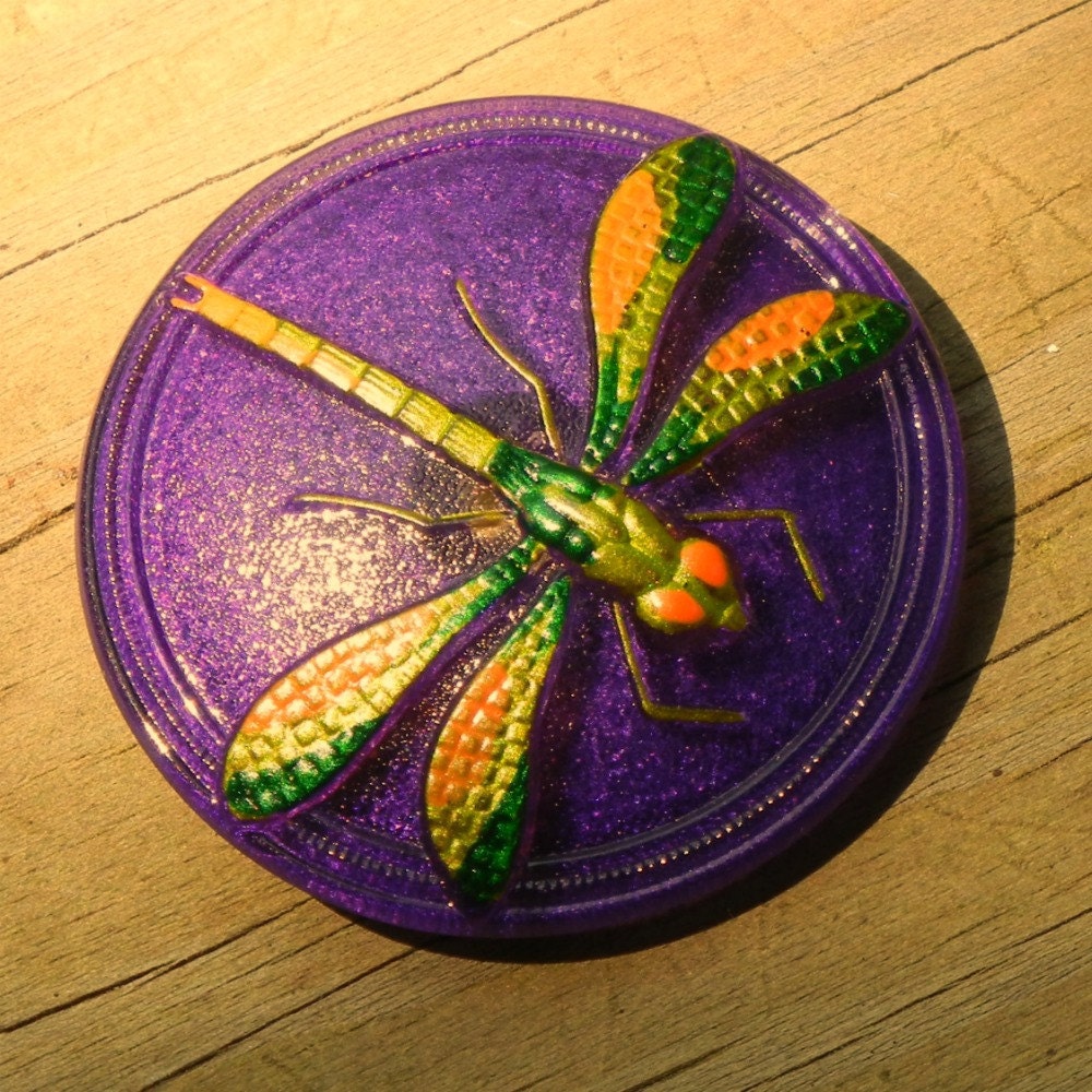 Modern Czech Glass Dragonfly Buttons - set of 3 -  purple green orange - BK323 and BK306