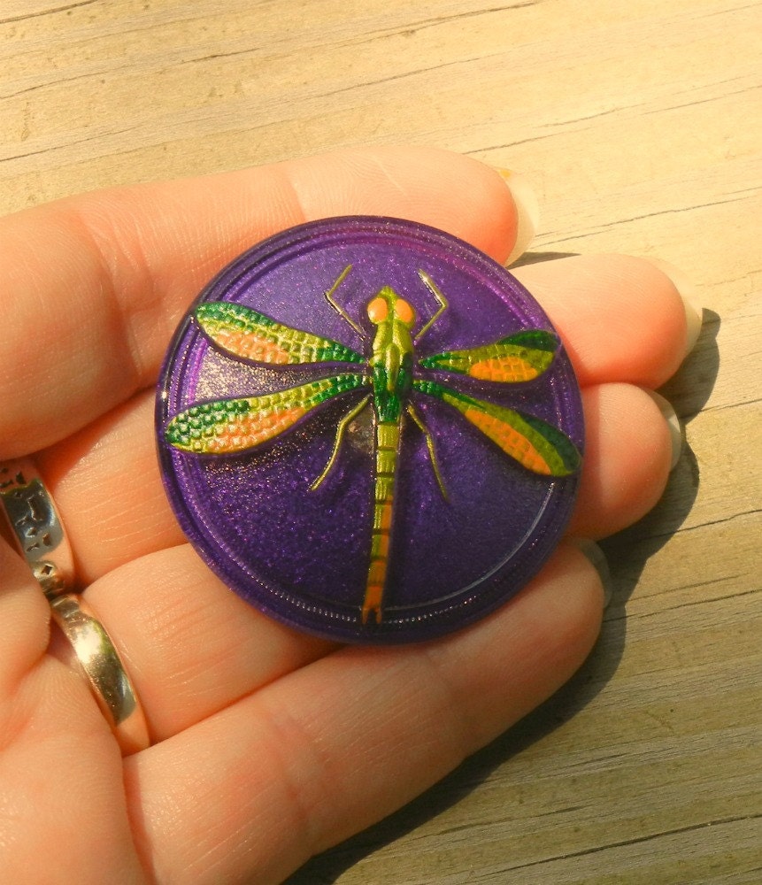 Modern Czech Glass Dragonfly Buttons - set of 3 -  purple green orange - BK323 and BK306