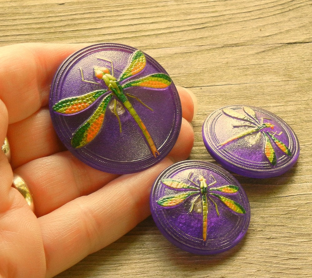 Modern Czech Glass Dragonfly Buttons - set of 3 -  purple green orange - BK323 and BK306