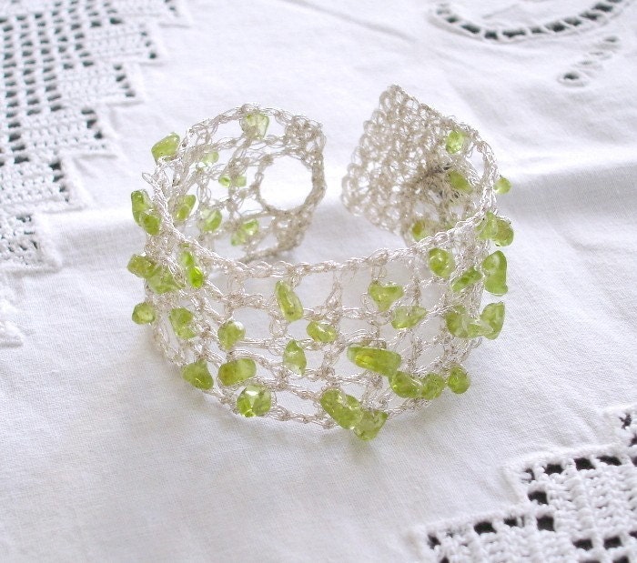 Green gemstone bracelet, Crochet Bracelet Summer Bridal Jewelry, Lace Silver, Peridot, Bridesmaids Maid of honor gift