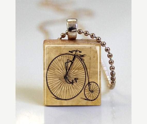 Bicycle Necklace, Bicycle Jewelry, Penny Farthing, Vintage Bike, Pennyfarthing Scrabble Tile Pendant with Ball Chain Included (ITEM S446)