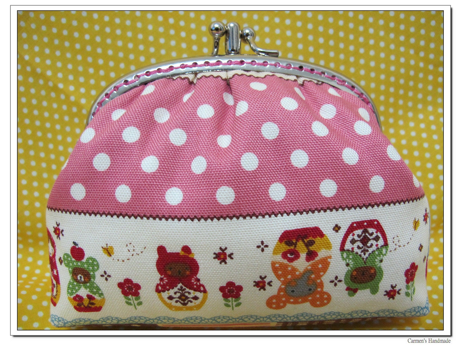 SALE -- 2 Section Frame Purse Pouch - MATRYOSHKA with Pink Dots