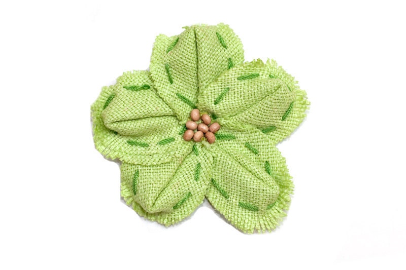 Spring Green Linen Flower Embellishment with wood bead center for Baby Headbands - Maggie Collection