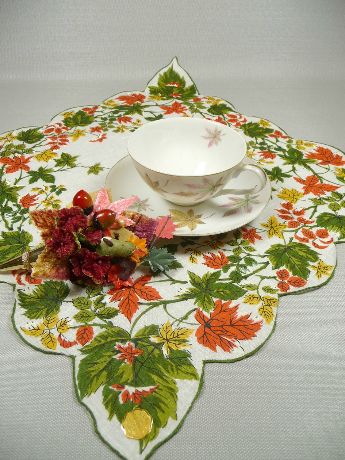 Vintage Teacup & Saucer Leaves with Hankie and Tussie Mussie Corsage Pin Gift Set Squirrel Nuts Half Price Sale