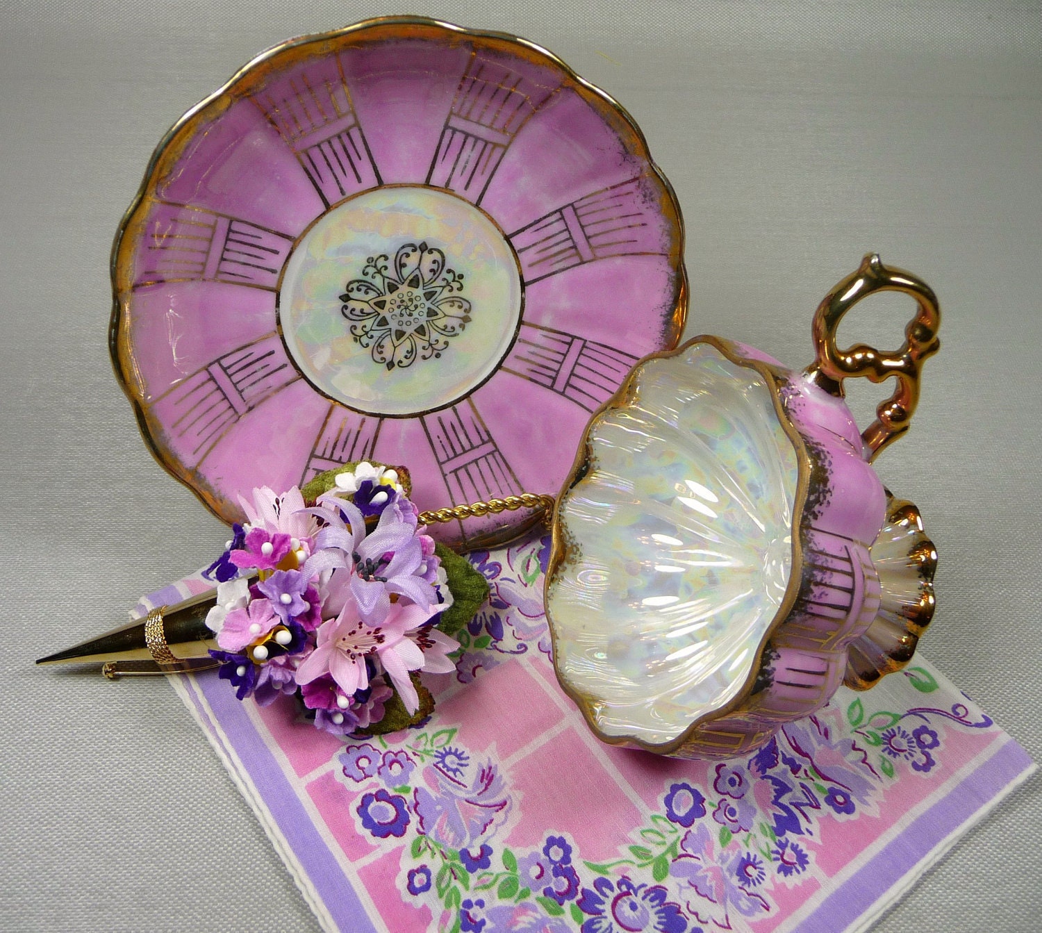 Vintage Pink Teacup & Saucer Royal Sealy with Floral Hankie and Tussie Mussie Corsage Pin Gift Set
