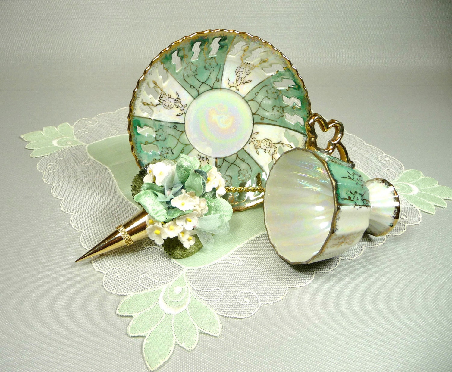 Vintage Demitasse Teacup & Saucer Pedestal Seafoam Mint Lusterware with Lace Hankie and Tussie Mussie Corsage Lapel Pin Gift Set