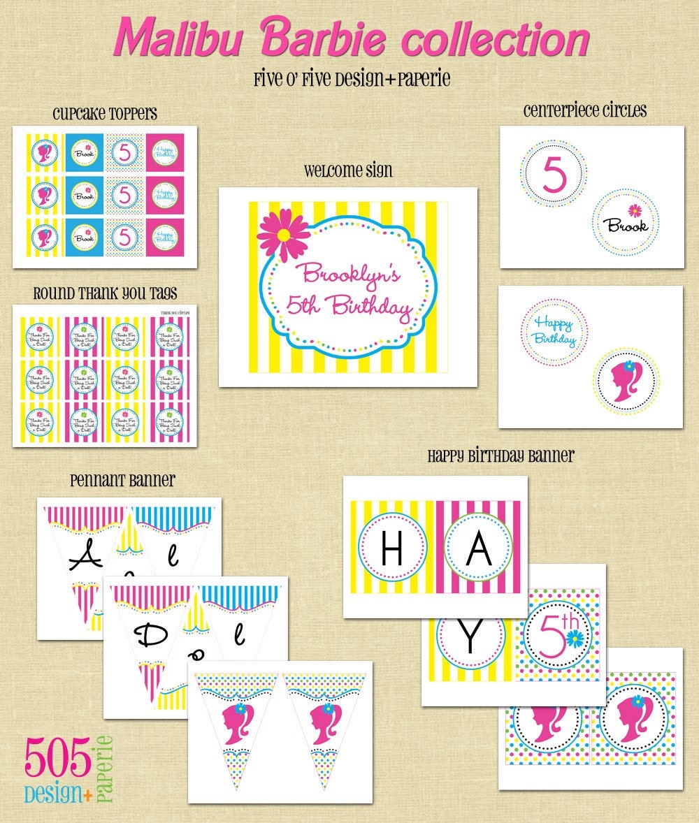 Malibu Barbie Inspired Birthday Party Theme Printable Decorations