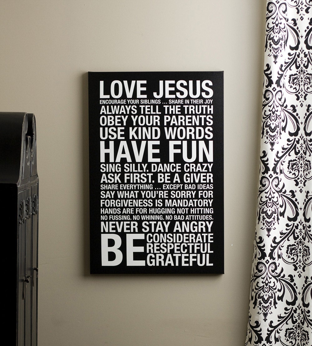 Gallery Wrapped Canvas Family Rules Subway Art Print // Black and White // 20x30