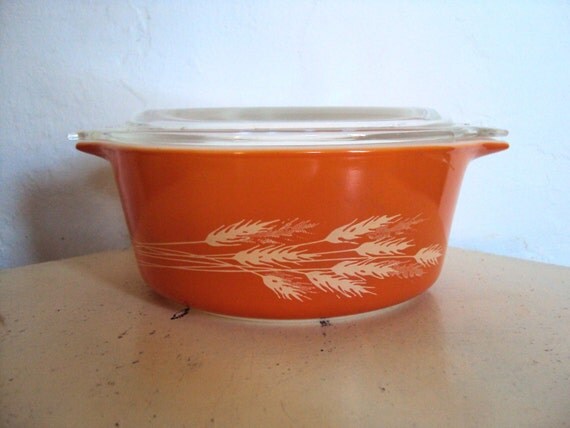 Vintage Orange Wheat Pyrex Casserole Dish with Lid by hillplace