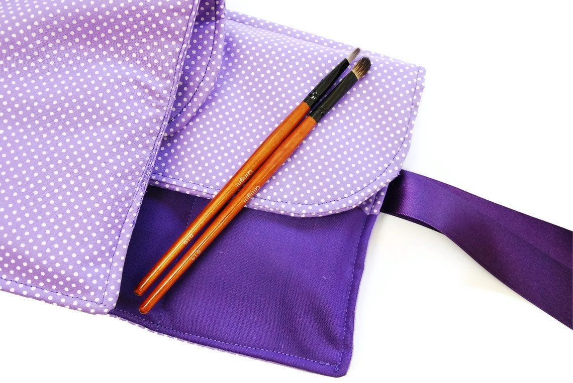Make up bag organizer in purple dot, Makeup roll, Cosmetics holder, five pockets Makeup bag