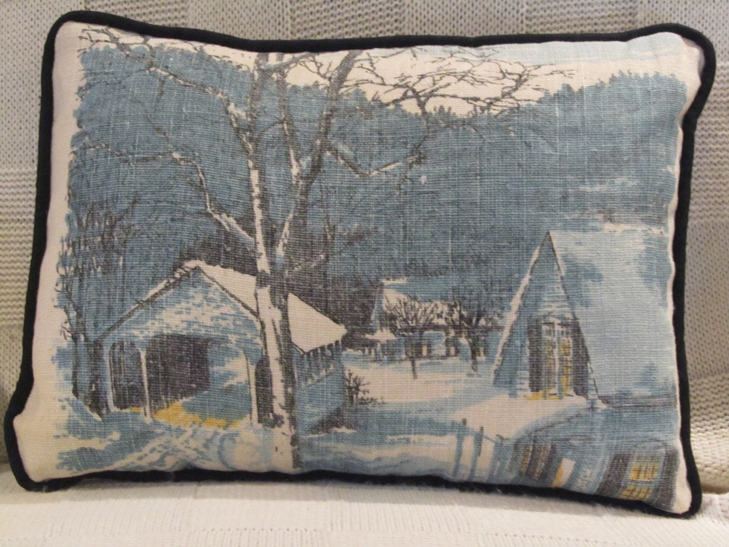 Covered bridge in winter pillow cover only- housewares, home decor, repurpose, country, covered bridge, calendar towel, winter scene, winter