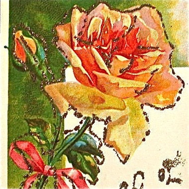 Roses, Antique Postcard, Orange, Yellow, Summer, Glitter, Journals, Supplies, Scrapbooking, Altered Art, Paper Ephemera, 1909