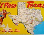 Texas, Vintage Postcard, Cowboy, Map, Western, Lone Star State,1960,  Yellow, Horse, State