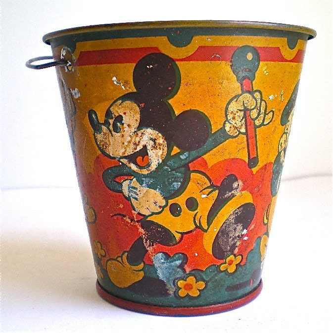 Mickey Mouse, Donald Duck, Disney, Vintage Pail, Happynak, Seaside Pail, Pig , Vintage Toy, 1930's