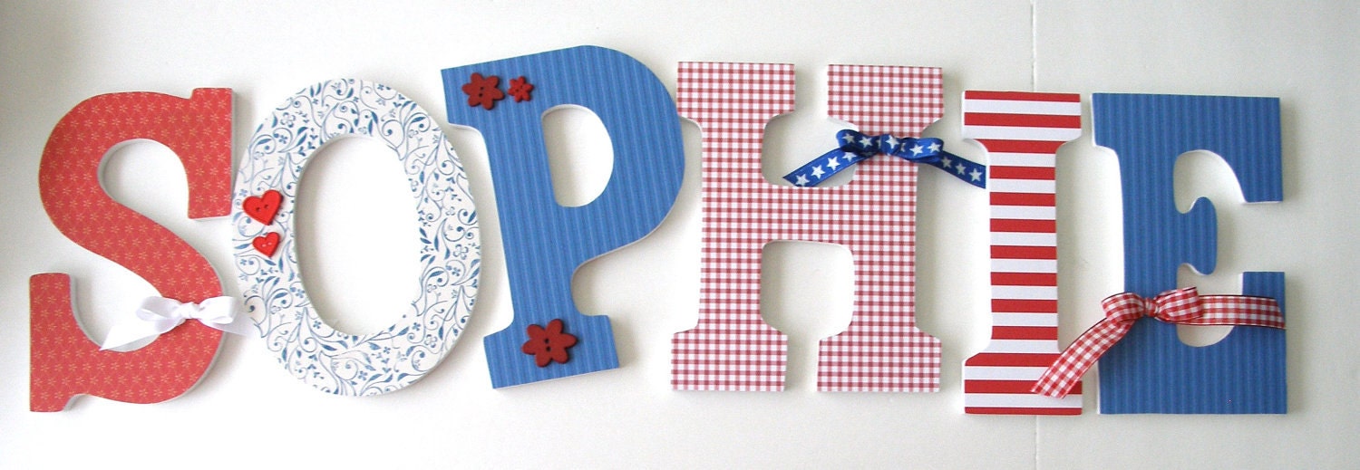 Set of 6 DECORATED WOODEN LETTERS - 9" wood letters - Custom Colors Nursery Décor Bedroom Home Decor Wall Decorations - Choose Your Theme