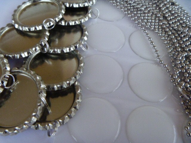 10 complete flattened bottle cap necklace kits with 24 inch 2.4mm. ball chains, epoxy stickers and bottle caps