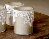 3 Ivory Silk and White Lace Wrapped Votives