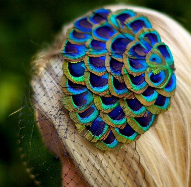 Minerva ... Peacock Fascinator with Black Birdcage Veil
