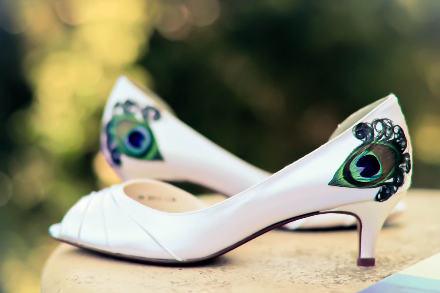 CUSTOM color and size ... Satin Peep Toe Pleated Peacock Kitten Heel