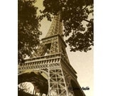 Antiqued Eiffel Tower - Sepia Textured Summer with Trees 8X10 Fine Art Print - Paris