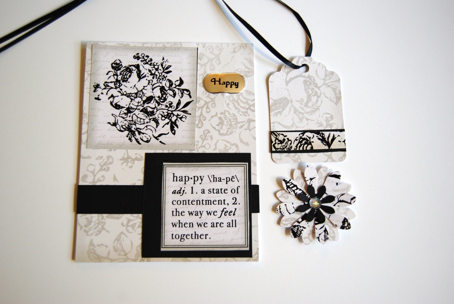Black and White Elegant Happy Note Card Set With Gift Tag and 3D Flower Embellishmnet