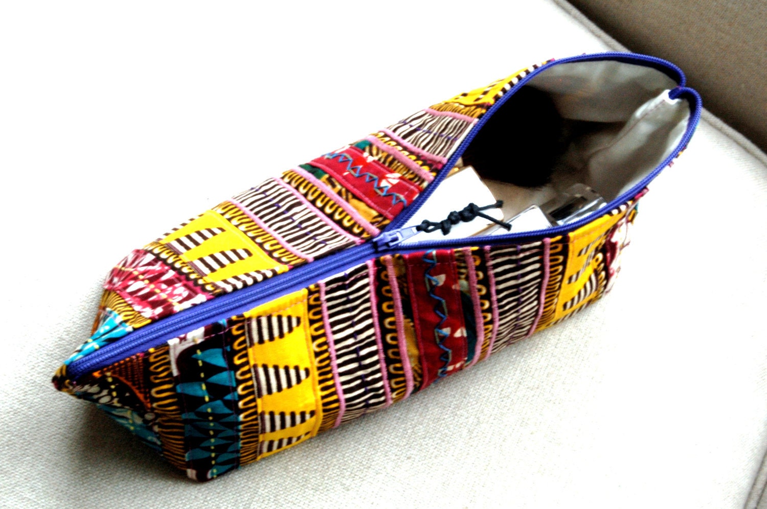 OOAK Patchwork Boho cosmetic make up bag - Genuine Wax Batik 100 per cent cotton