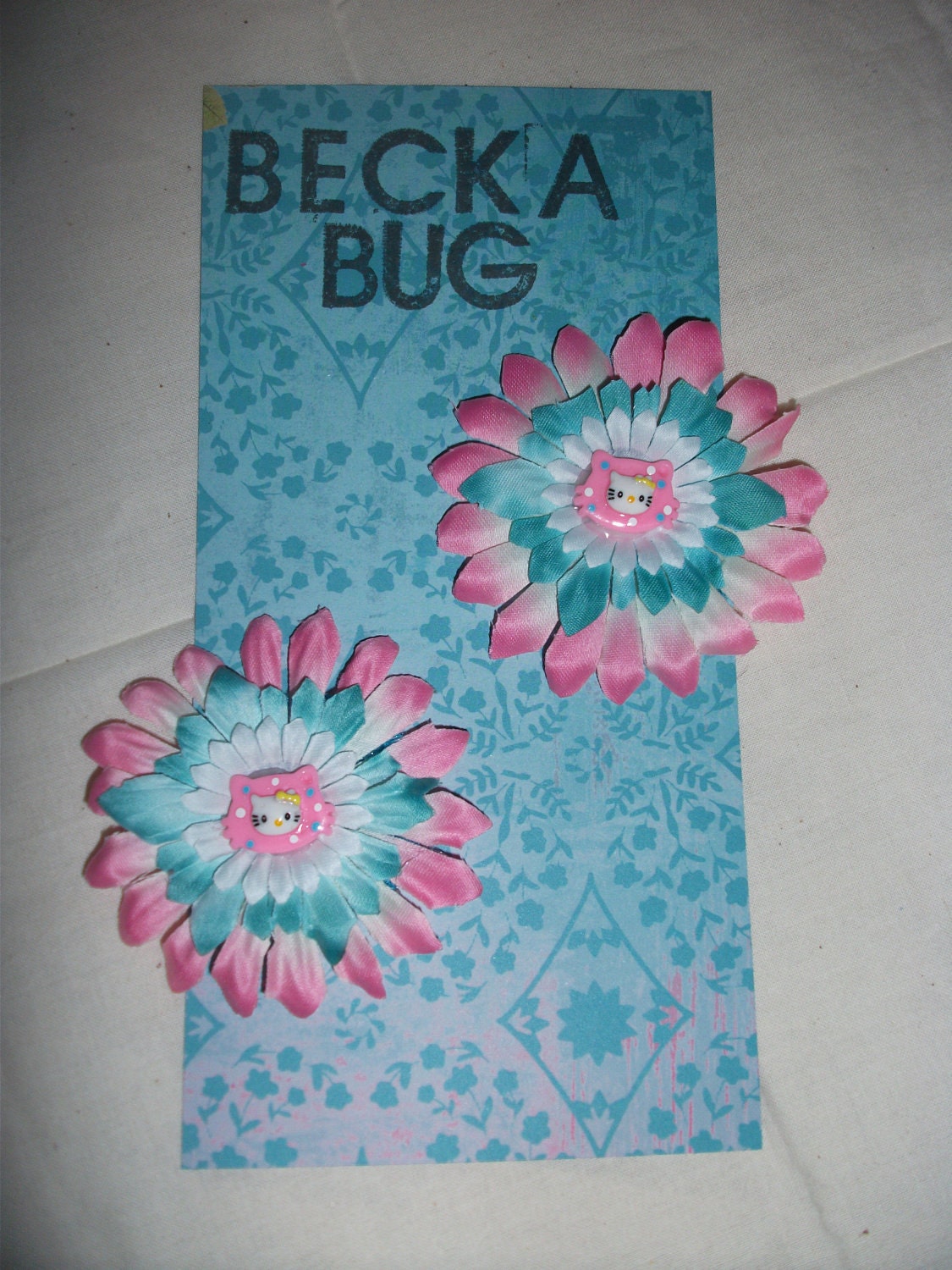 HeLLo KiTtY Hair Clip in Pink, Teal and White by BeckaBugBaby on Etsy