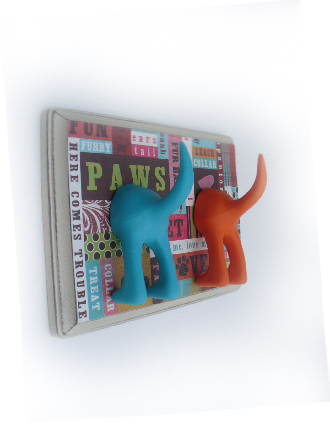 Dog Tail Leash Holder - Double Here Comes Trouble - Personalize it with optional letter tiles