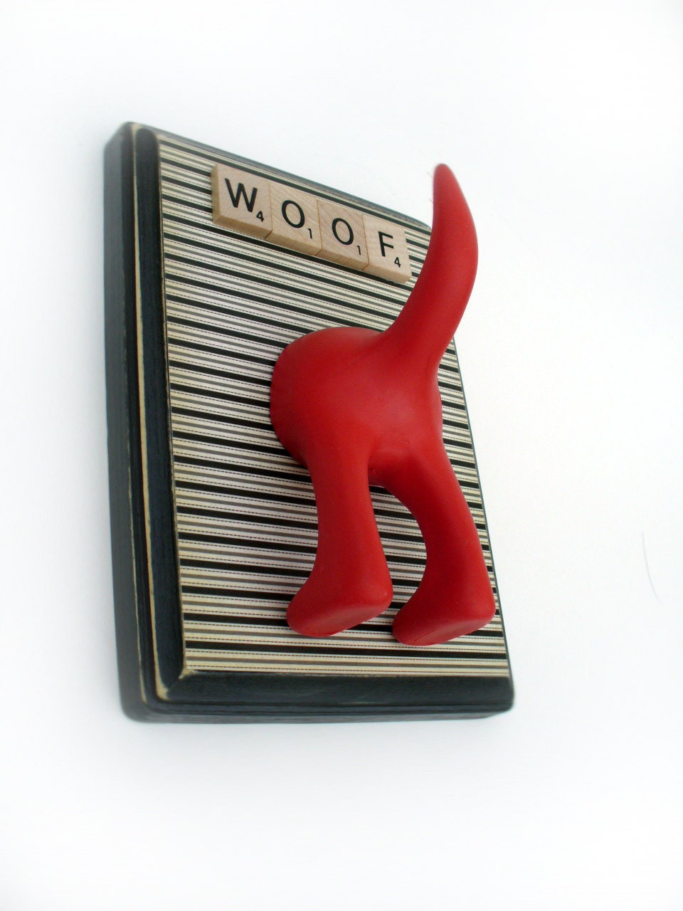 Dog Tail Leash Holder  - Cream Stripes  -  Personalize it with Optional Letter Tiles