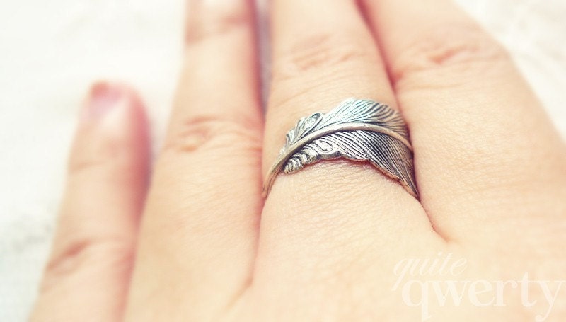 Whimsical Feather Wrapped Ring - Antiqued Silver (Size 6 / 7 / 8)