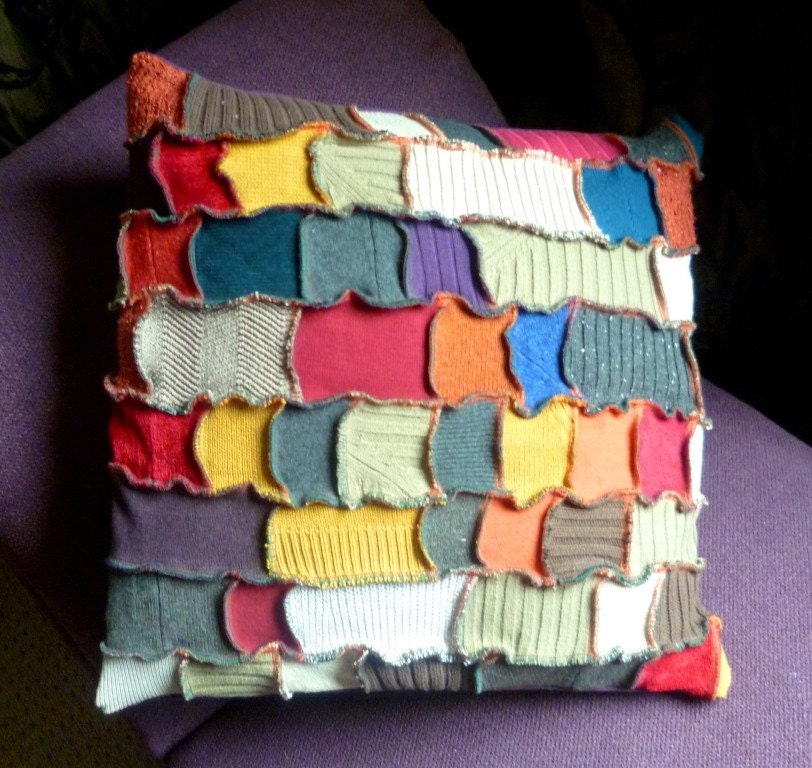 Happy Scrappy Crazy Patchwork Cushion Cover multi coloured made from recycled sweaters by SpiralGypsy