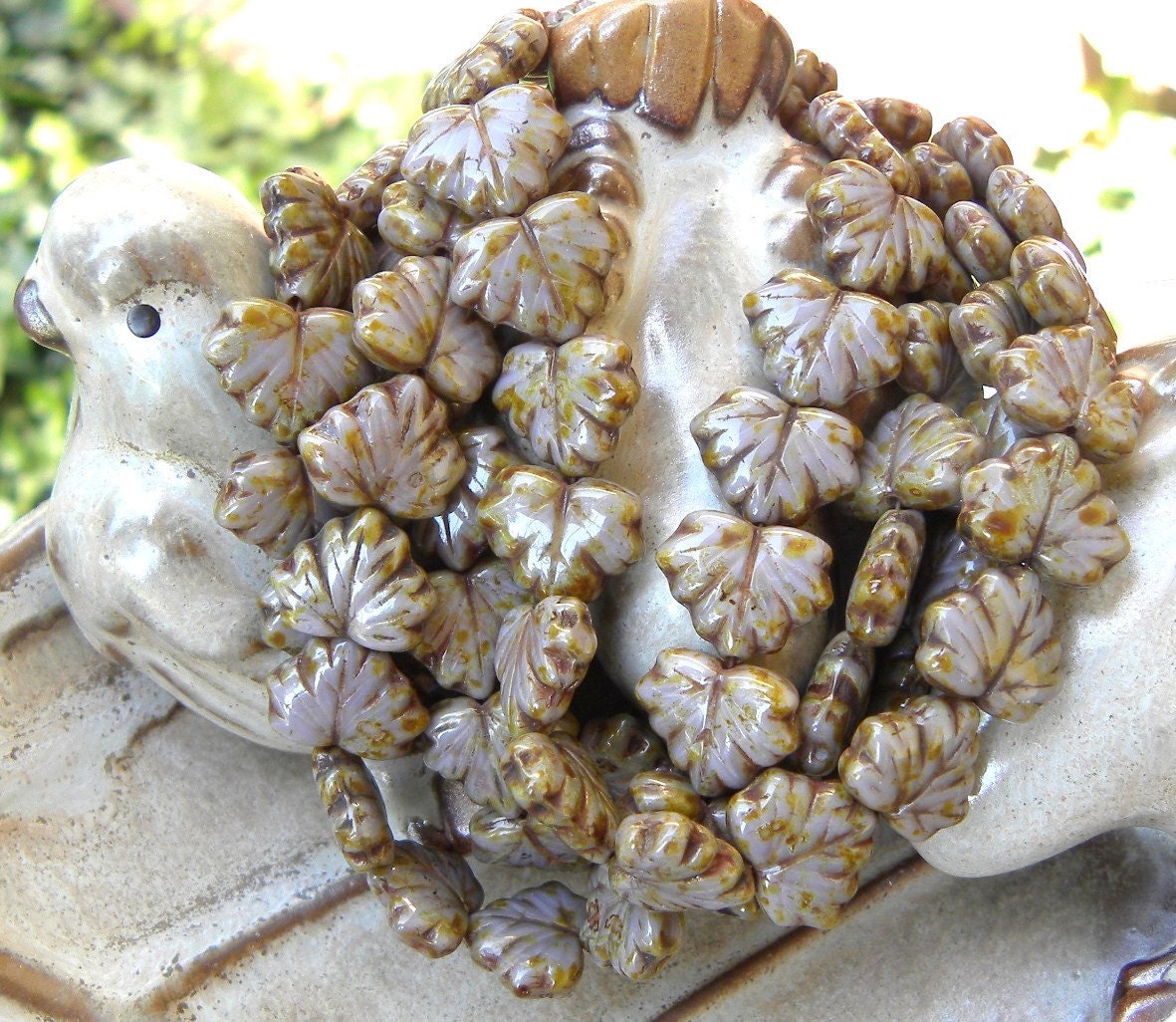 Maple Leaves, Picasso Brown Lavender Purple, Czech Pressed Glass, One Full Strand, Lot of 20 BEAUTIFUL