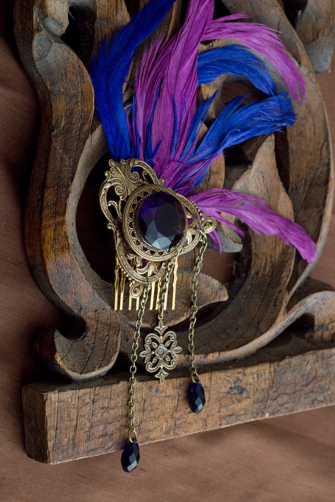 Classy Purple Feather Brass Gem Hair Comb Steampunk/Victorian - fairystitchfactory