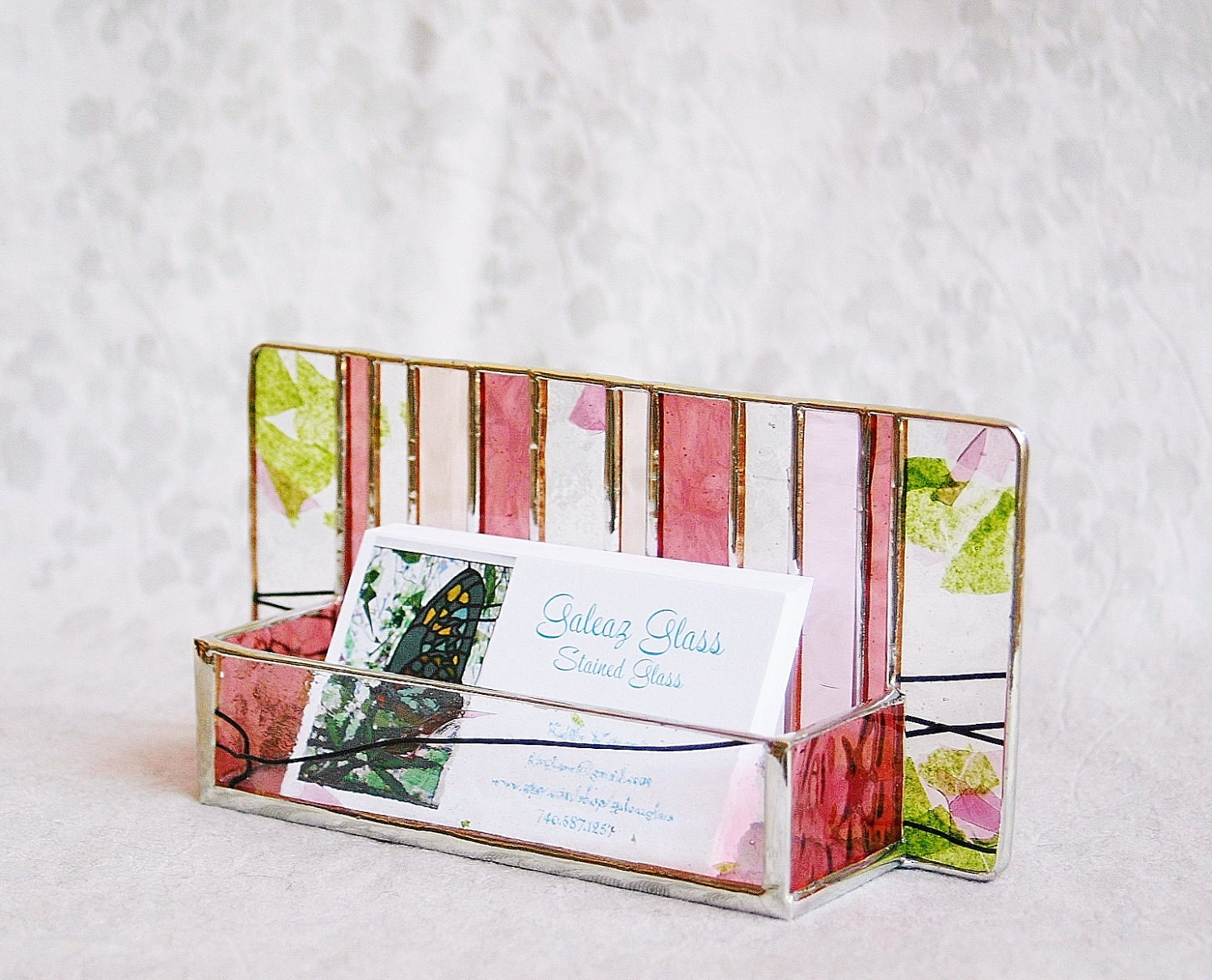 Stained Glass Business Card Holder Pink Green Confetti Dusky Rose Art Glass Office Desk Accessory Handmade OOAK Striped