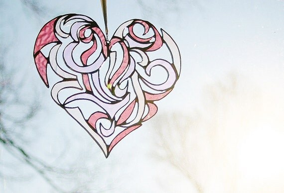 Stained Glass Heart Valentine Heart Intricate Tribal Motif - Dusky Rose Peach Pink Wedding Gift Anniversary Gift Bride Groom