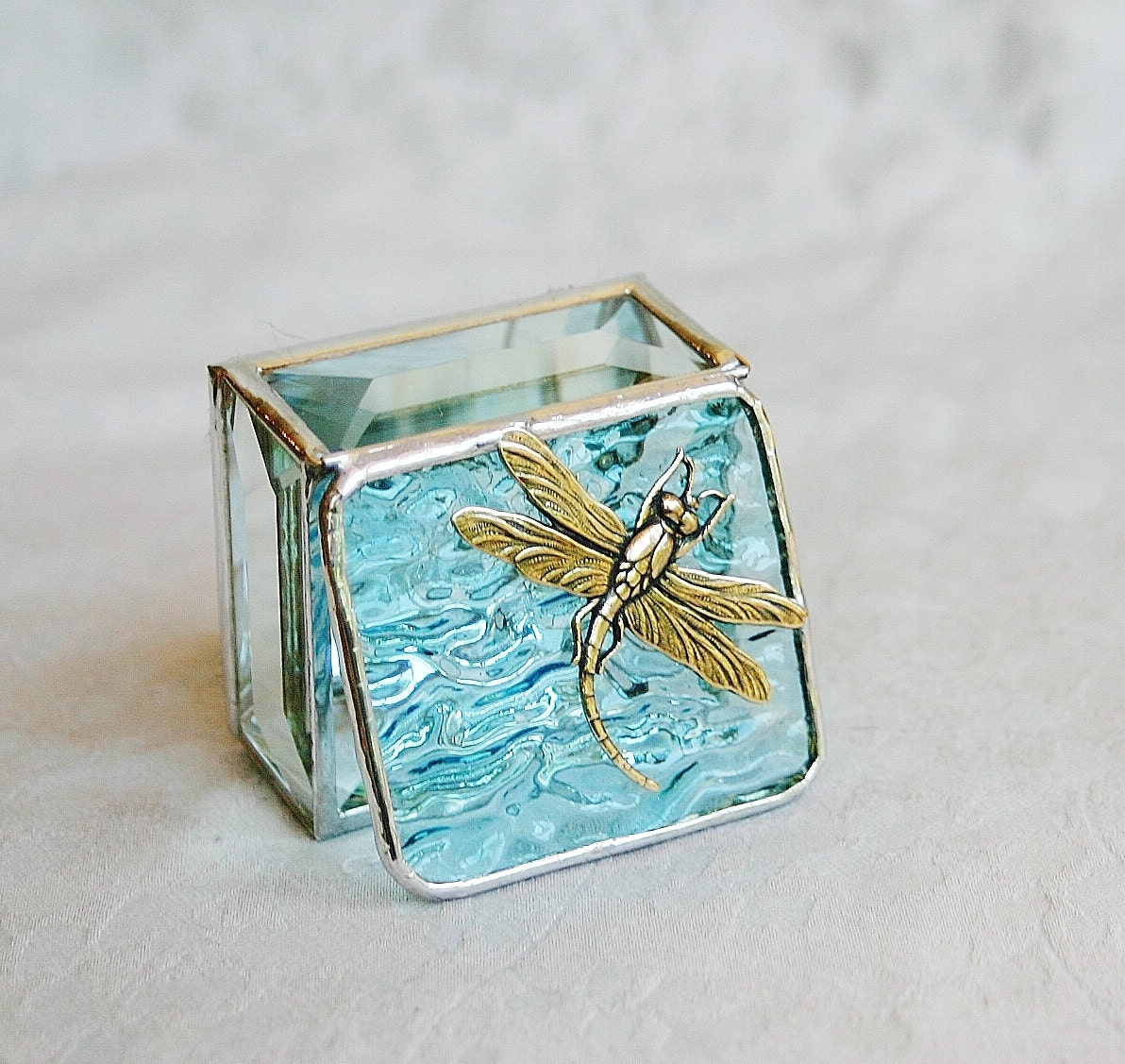 Stained Glass Ring Box Aquamarine Sky Blue 2x2 w/ Gold-tone Art Nouveau Dragonfly Wedding Ceremony Engagement Hand-crafted