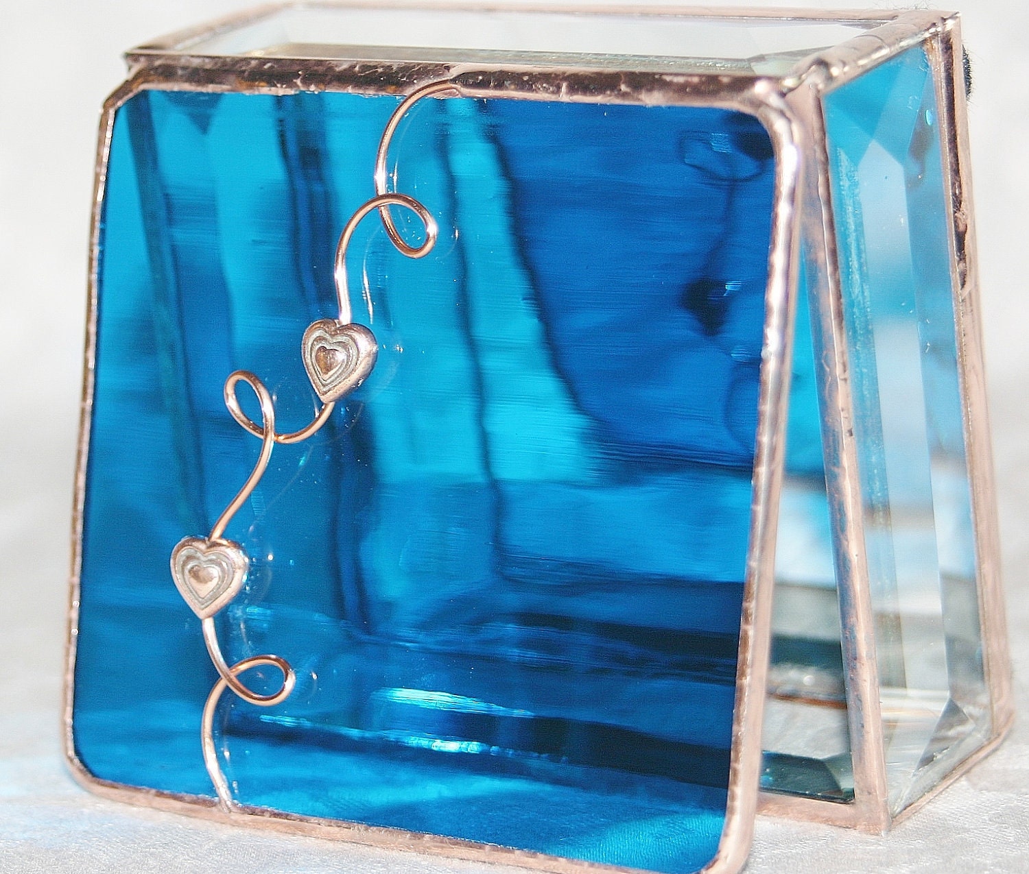 Stained Glass Jewelry Box Turquoise 3x3 w/ Two Copper Hearts Handmade OOAK